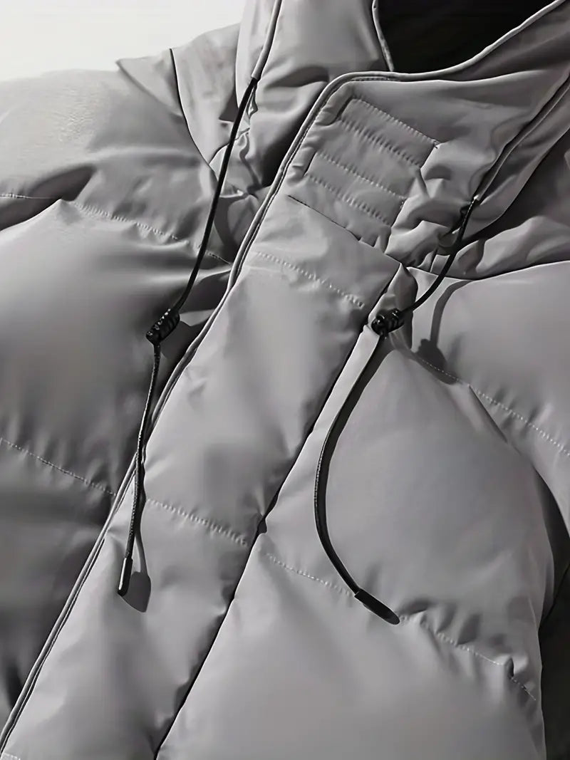 Warme heren winterjas, lange puffer model met capuchon in elegant grijs; comfortabele buitenkleding.