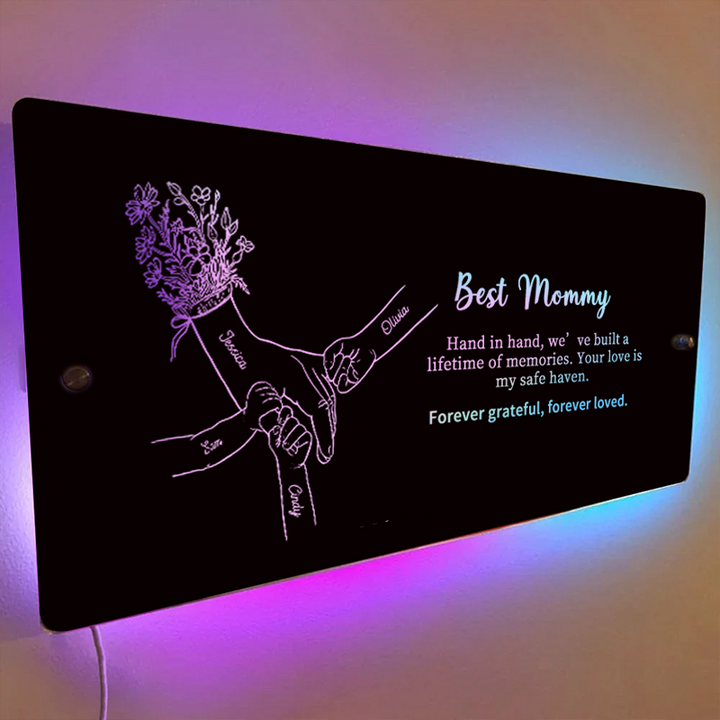Design nachtlampje met gepersonaliseerde tekst, warme sfeerverlichting als uniek Moederdag cadeau.
