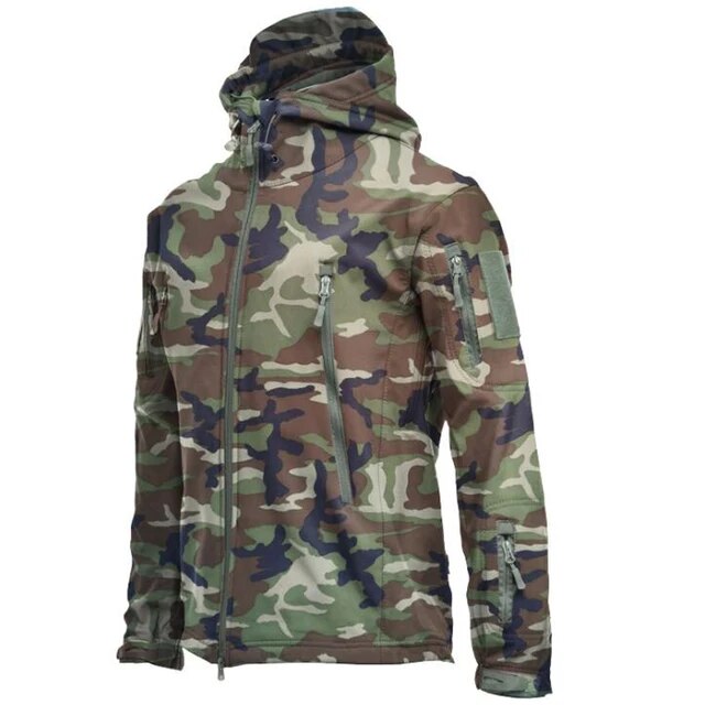 Dichte, winddichte stof van een warme heren militaire winterjas, toont de kwaliteit en textuur.