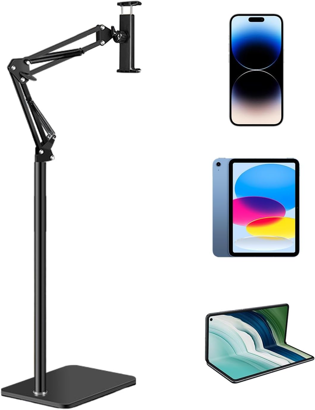 Stabiele basis van de Movira verstelbare vloerstandaard, universeel voor telefoon en tablet, 360° draaibaar en ergonomisch.