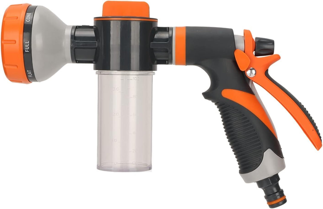 Tuinsproeier met schuimfunctie en 8 sproeistanden, ideaal voor tuinieren en schoonmaken.
