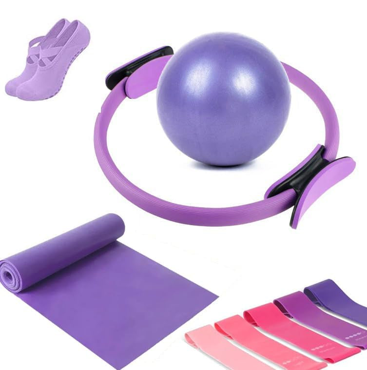 Complete Thuis Pilates Set met ring, bal, weerstandsbanden en antislip sokken voor kracht & flexibiliteit.