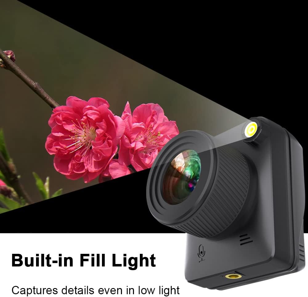 Vooraanzicht van de compacte Veyano buiten 4K tijdlapse camera, met lens en indicatorlampjes, weerbestendig.