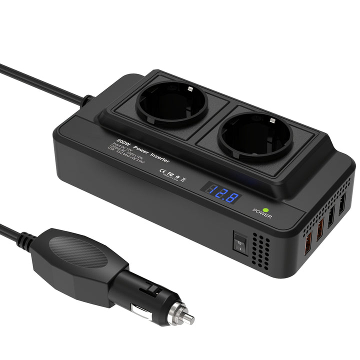 Compacte 200W auto omvormer aangesloten, voorziet laptop en telefoons van stroom via 12V-naar-220V.