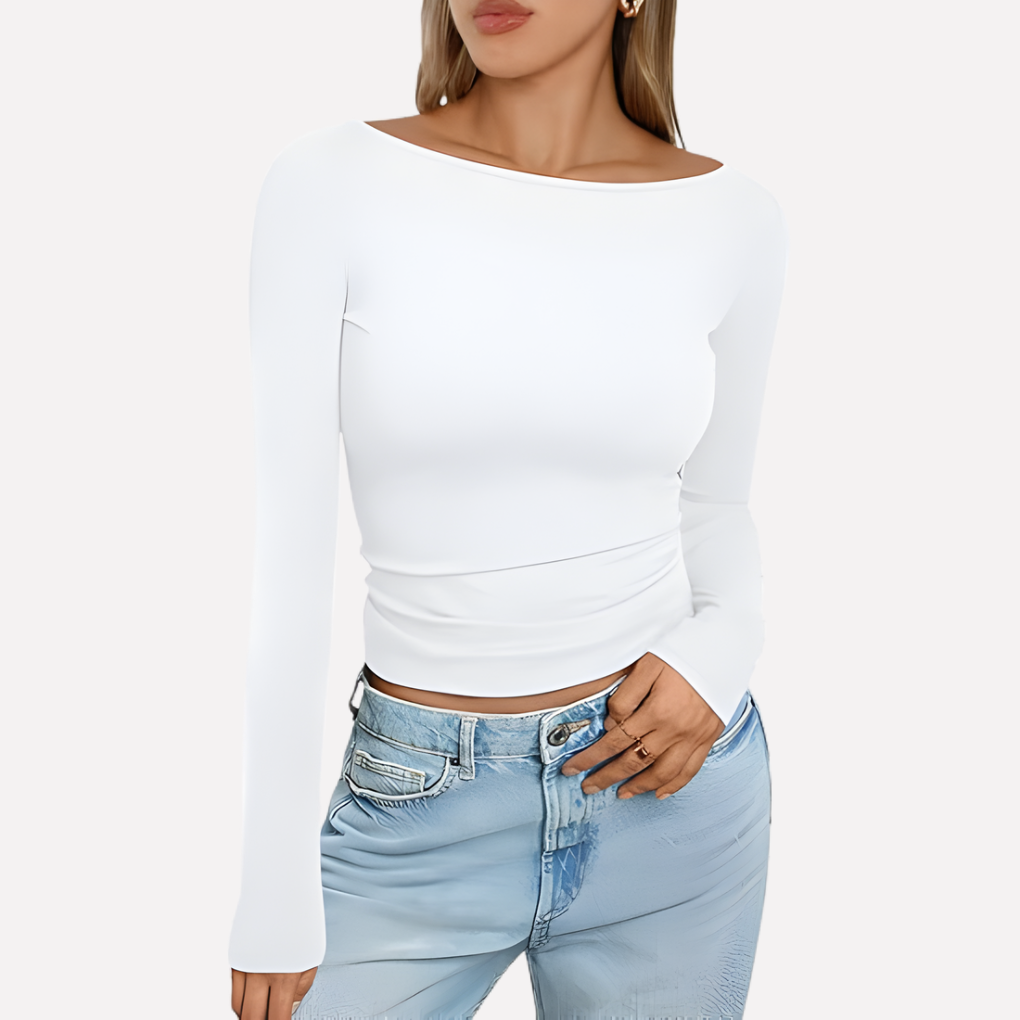 Vrouwen boothals top met lange mouwen in elegante pasvorm; ideaal voor casual of geklede outfits.