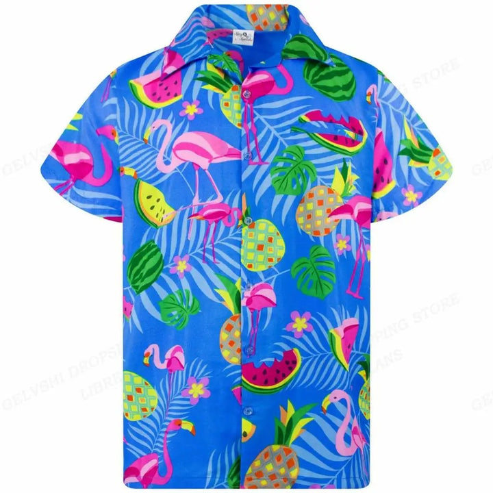 Levendig kleurrijk herenoverhemd met 3D flamingo's. Perfecte Hawaii zomeroverhemd en casual strandkleding.