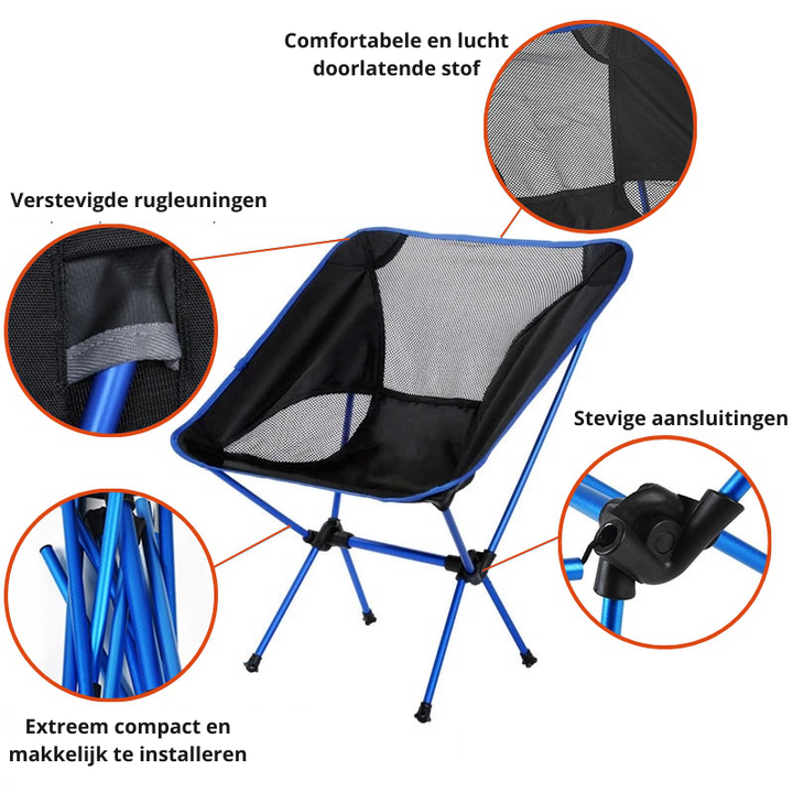 Lichtgewicht opvouwbare kampeerstoel voor outdoor reizen en compacte opslag.