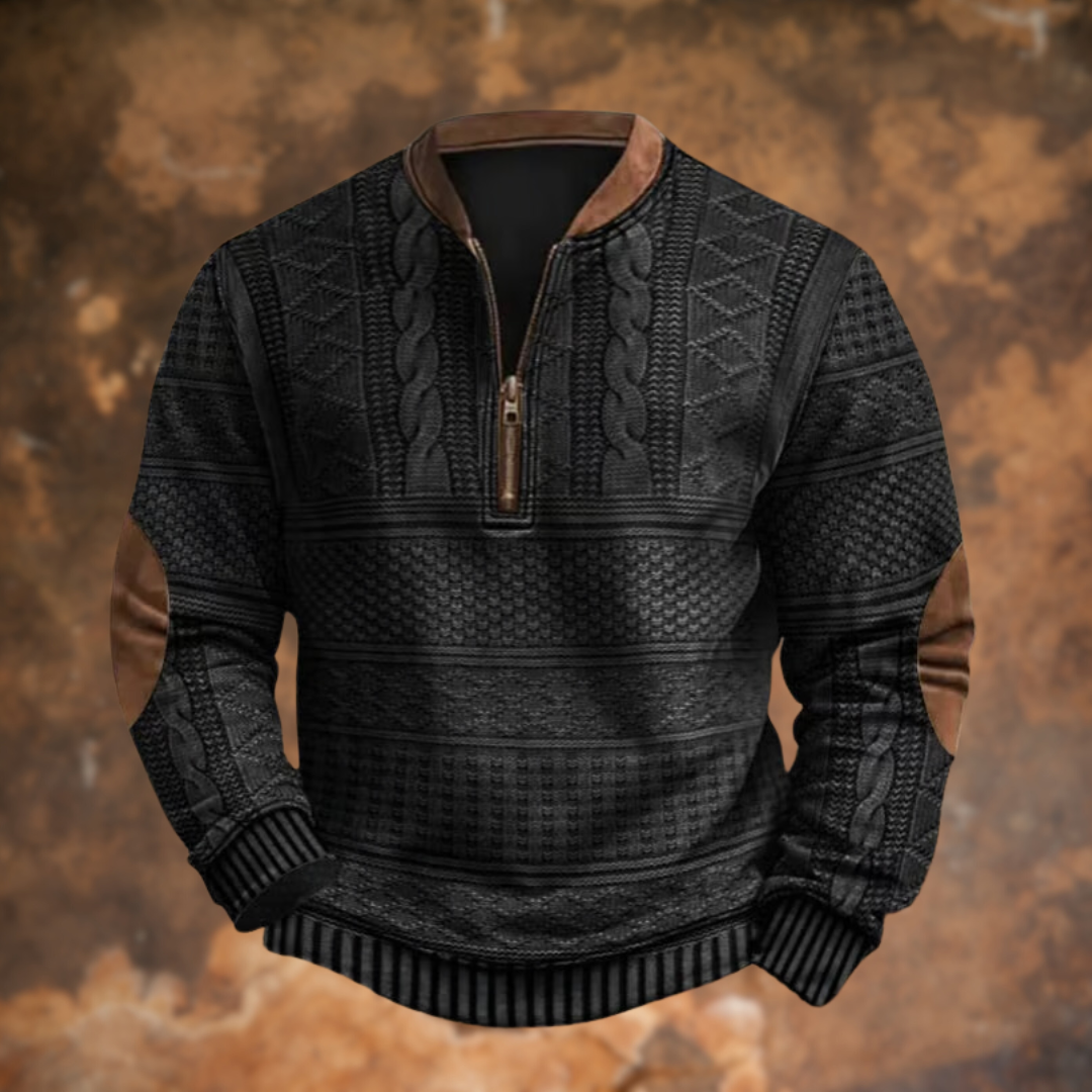 Detailopname van de moderne halve rits op een stijlvolle heren sweater, voor een trendy look.