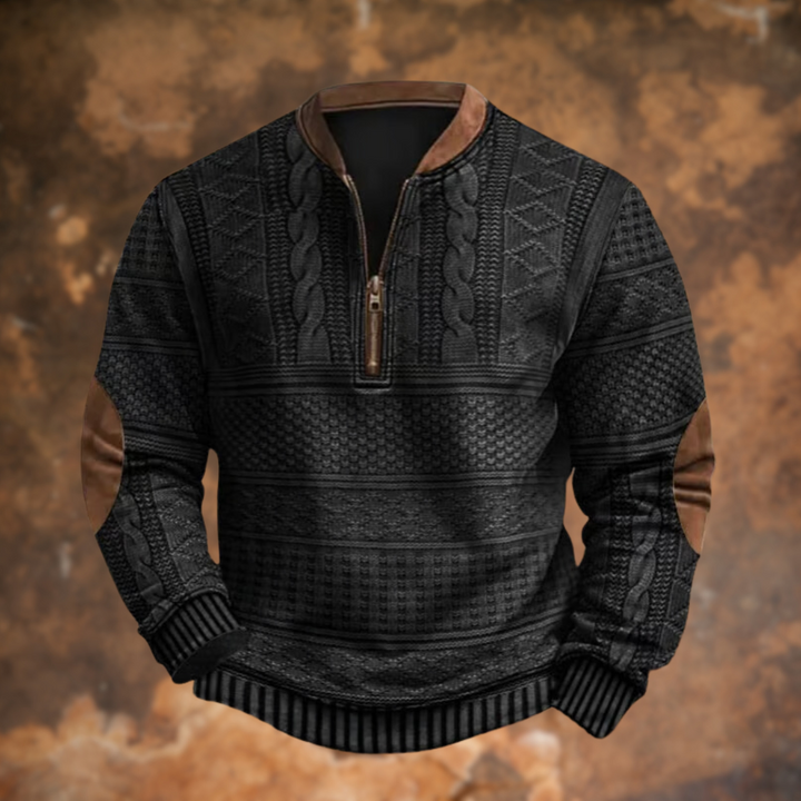 Detailopname van de moderne halve rits op een stijlvolle heren sweater, voor een trendy look.