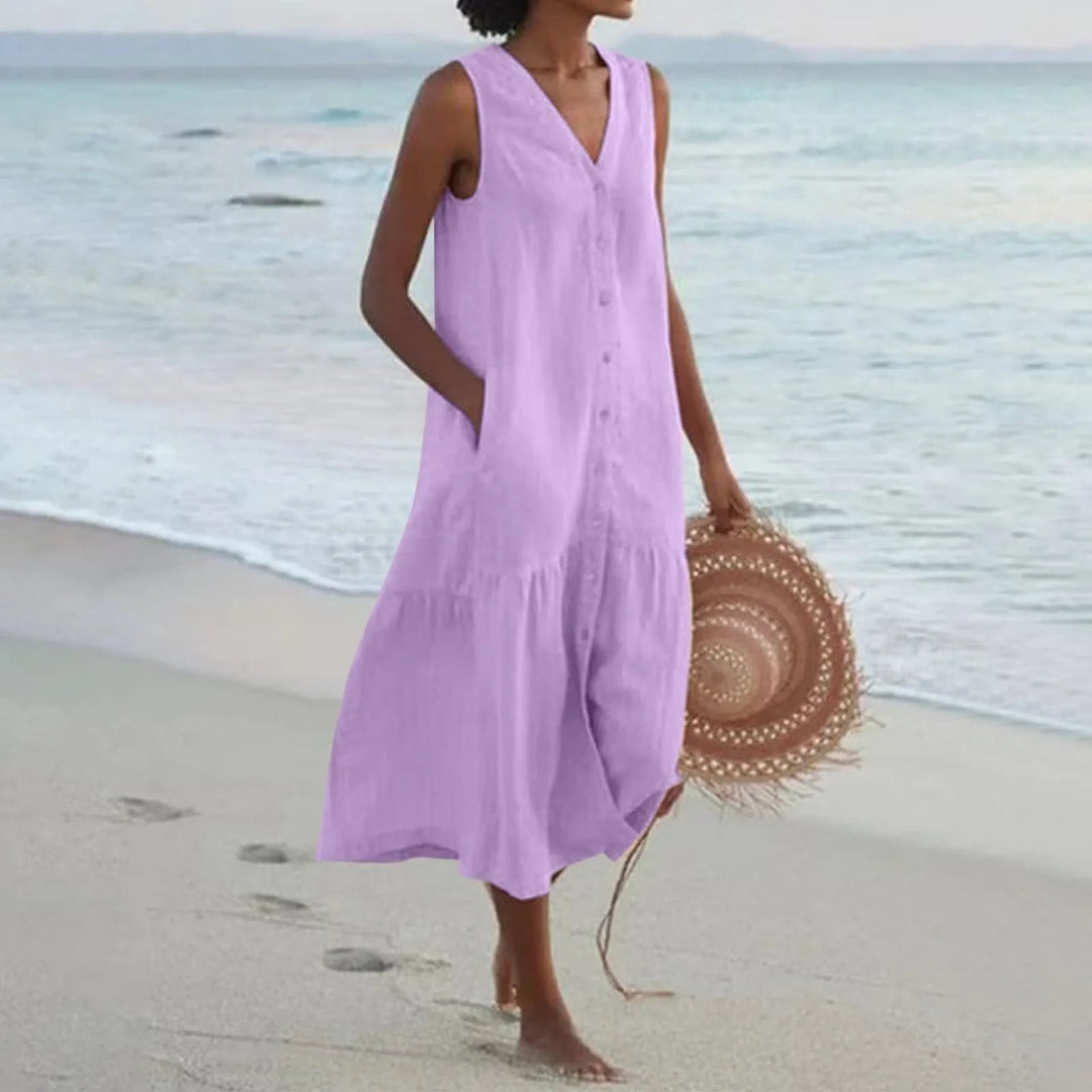 Stijlvolle midi zomerjurk voor dames, Elara V-hals design. Comfortabel en veelzijdig voor warme dagen.