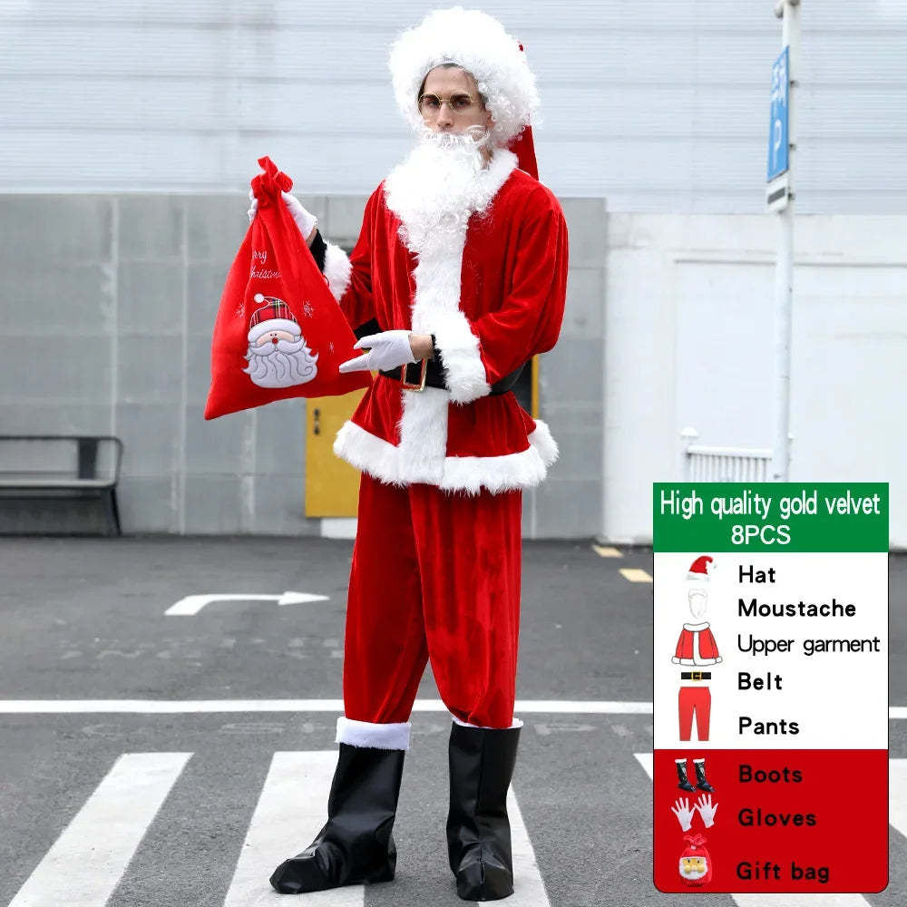 Heren Kerstman muts, witte baard en riem; essentiële accessoires voor de complete kerstoutfit.