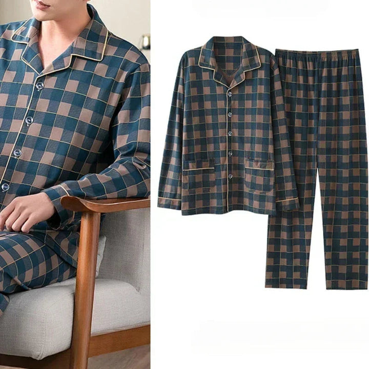 Zachte heren pyjama set met lange mouwen, comfortabele nachtkleding en loungewear, ideaal voor herfstavonden.
