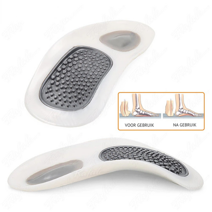 Ergonomische inlegzolen met boogondersteuning, essentieel voor platvoetcorrectie, voetpijnverlichting en dagelijks comfort.