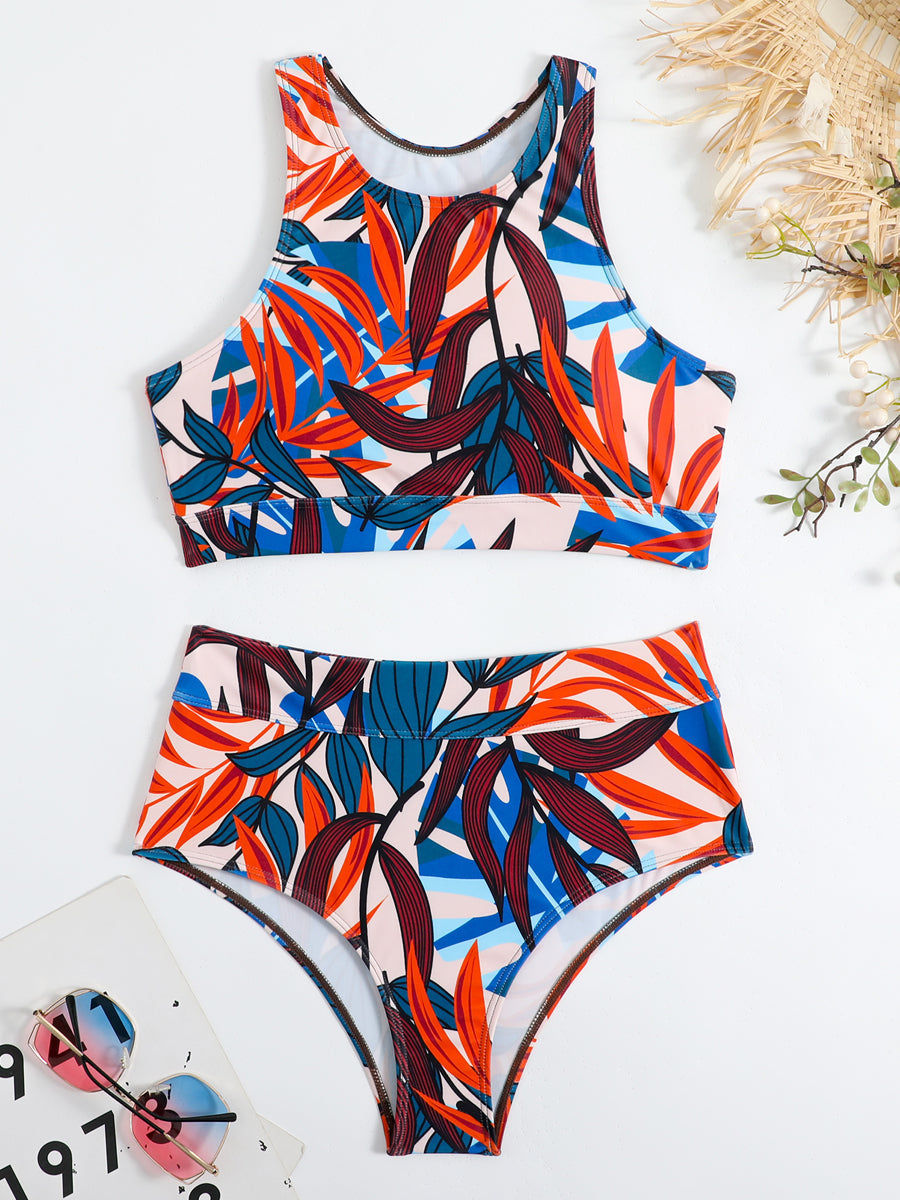 Sportieve dames zwemkleding: high-waist bikini met racerback top, perfect voor strand, zwembad en zomer.