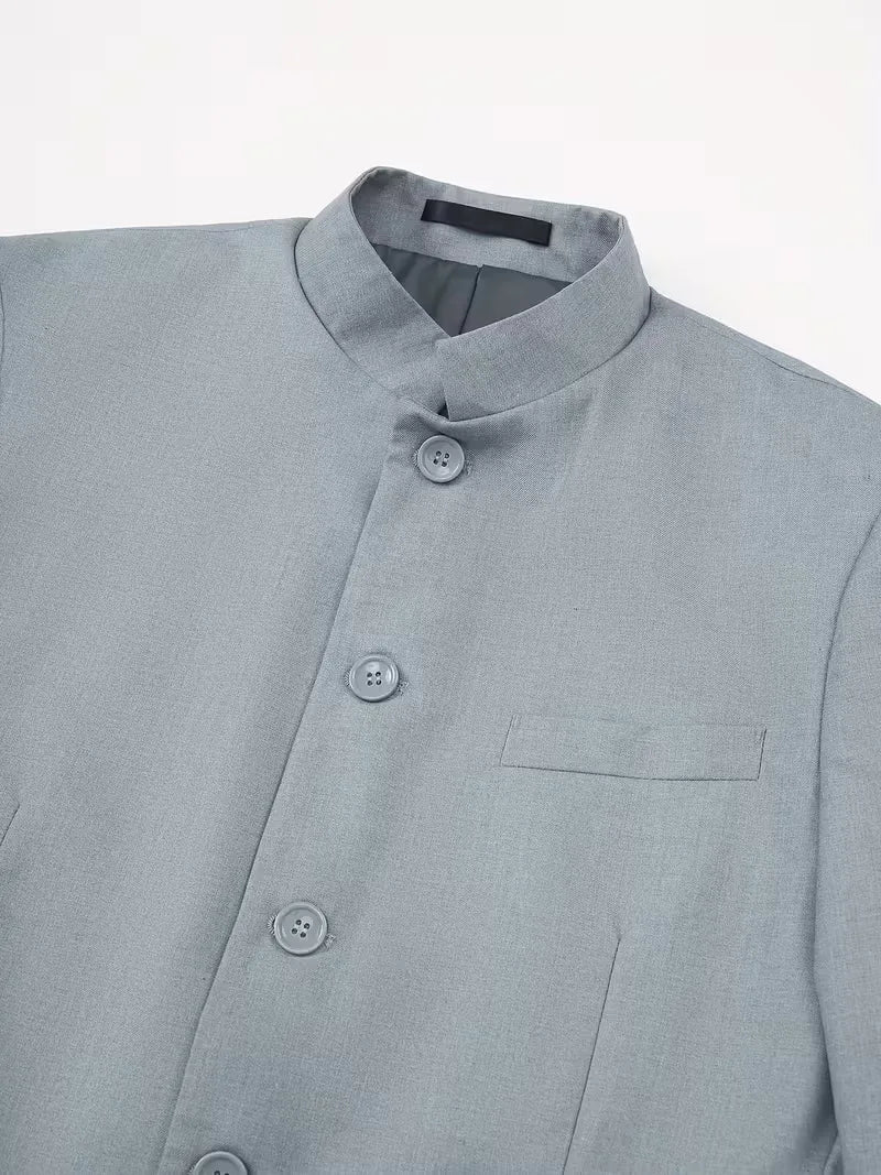 Formele slim fit blazer voor heren, met een stijlvolle mandarijnkraag en lange mouwen.