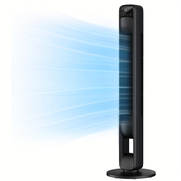 Slanke bladloze torenventilator in een modern kantoorinterieur voor optimale verkoeling.