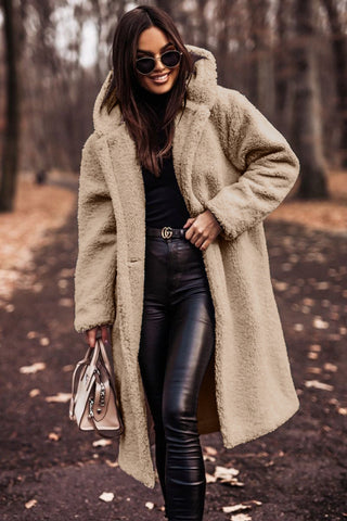 Dames lange teddy jas met capuchon, warm en modieus voor winter en herfst, comfortabele bovenkleding.