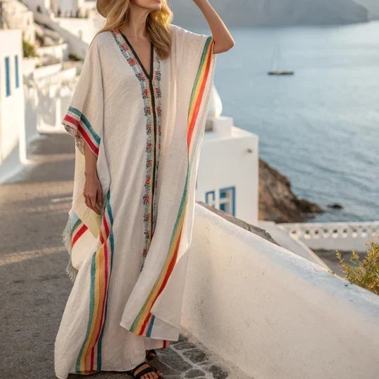 Boho gestreepte maxi-jurk, perfect voor dames die comfort en stijl zoeken in een zomerjurk.