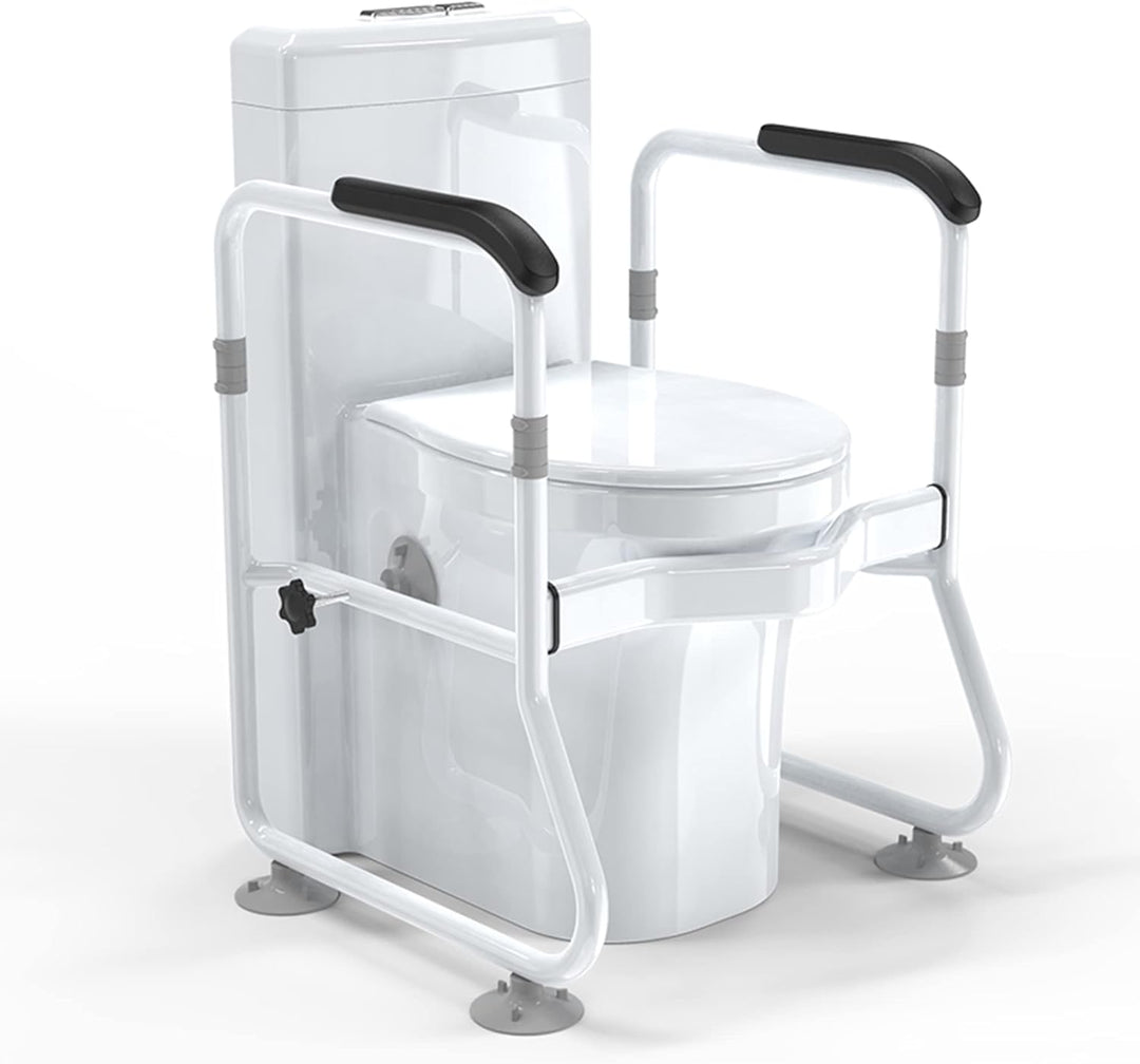 Verstelbaar toilet veiligheidsframe met handgrepen voor senioren en mensen met beperkte mobiliteit. Biedt zit- en staondersteuning.