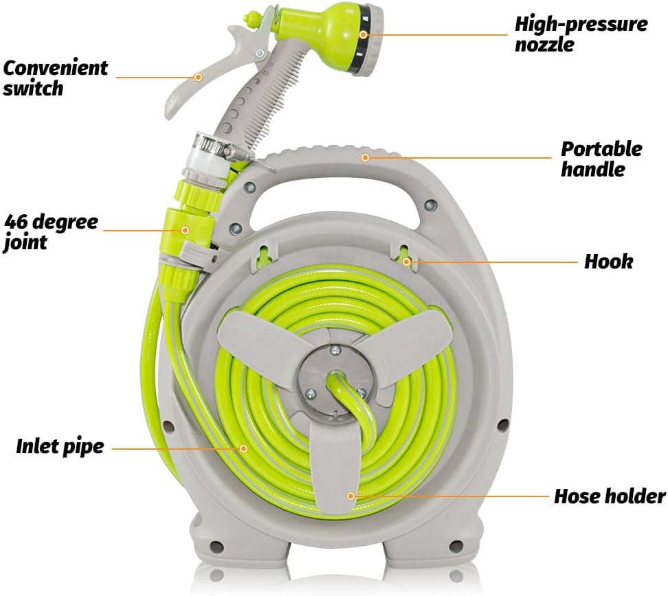 Complete tuinslanghaspel set 15m met waterslang en spuitpistool voor autowassen & tuinirrigatie.