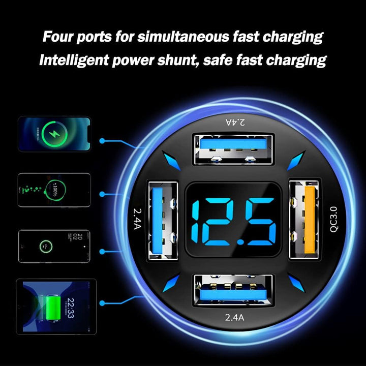 Compacte zwarte autolader, 66W, met snellaadfuncties (PD/QC 3.0) en voltmeter voor auto.