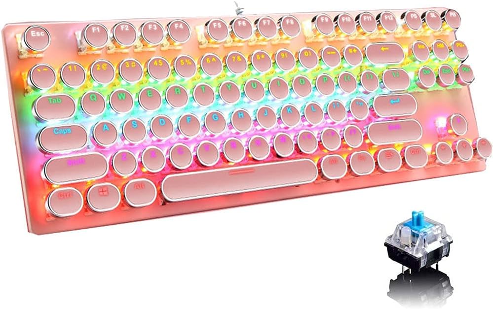 Compact 87-toetsen mechanisch gaming toetsenbord met RGB-verlichting, blauwe schakelaars voor optimale typervaring.