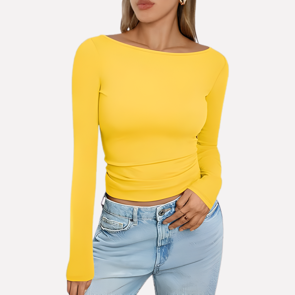 Modebewuste boothals top voor dames met lange mouwen; comfortabel en een elegant basisstuk.