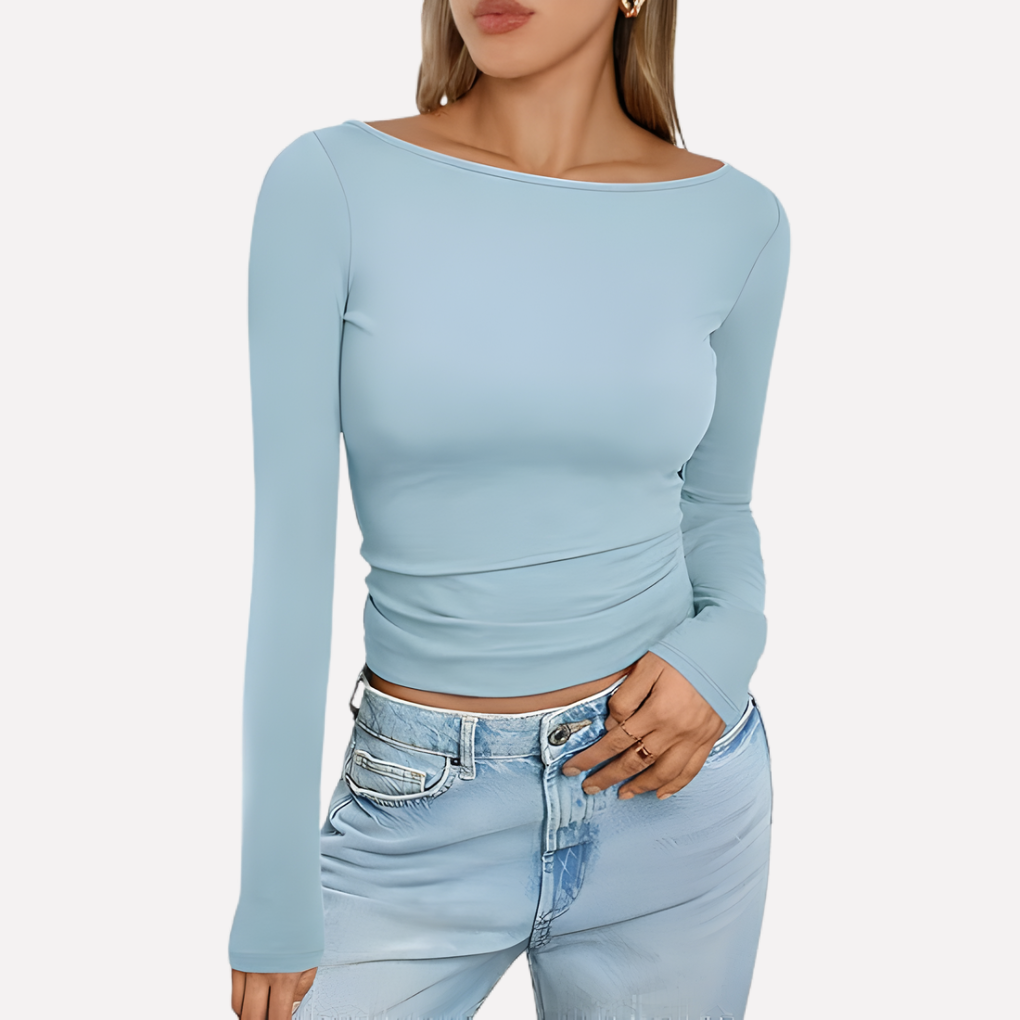 Basisstuk dames top met boothals en lange mouwen; veelzijdig, comfortabel en tijdloos elegant.