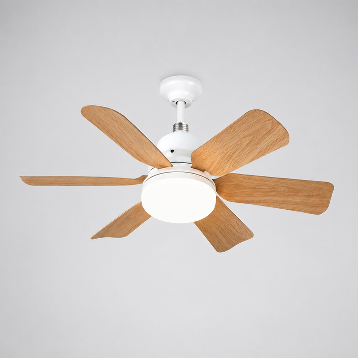 Compacte slimme plafondlamp met stille ventilator, dimbare LED en modern wit-hout design. Comfort in huis.