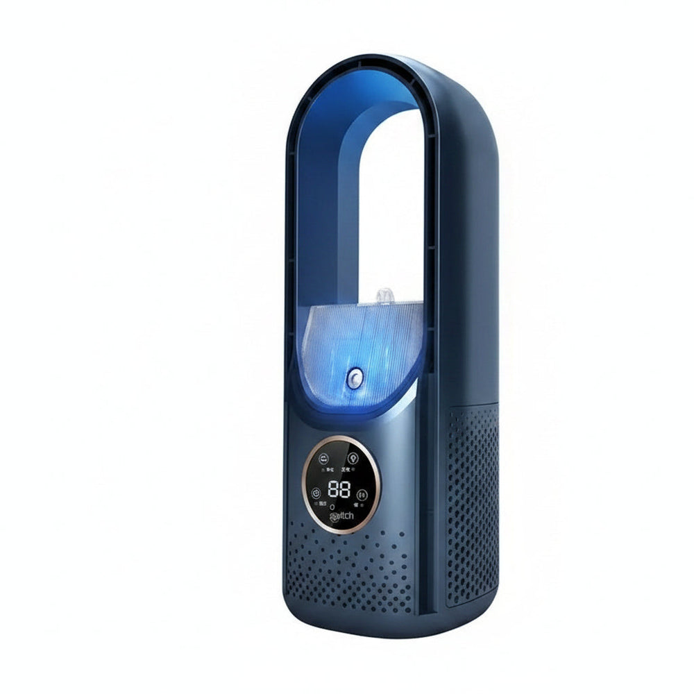 Compacte marineblauwe USB-luchtkoeler CJ26 met luchtbevochtiger en timer, ideaal voor zomerse dagen.