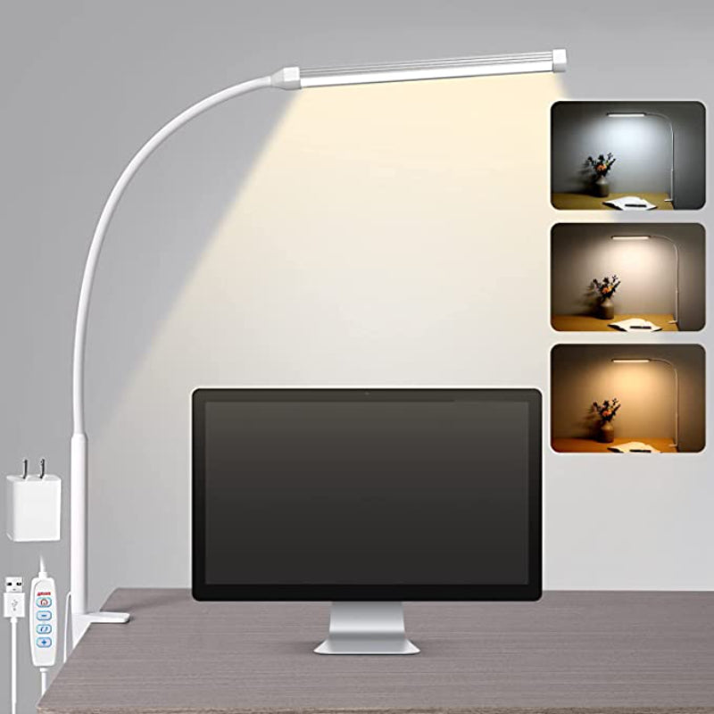 Flexibele LED leeslamp met klem, USB-voeding en dimbaar oogvriendelijk licht, ideaal voor kantoor en productief werk.