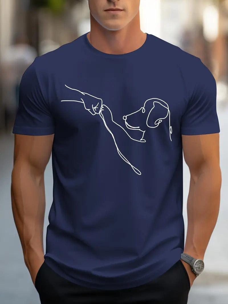 Grappig heren t-shirt, witte ronde hals, met opvallende hond & vuist graphic tee. Comfortabele casual zomer kleding.