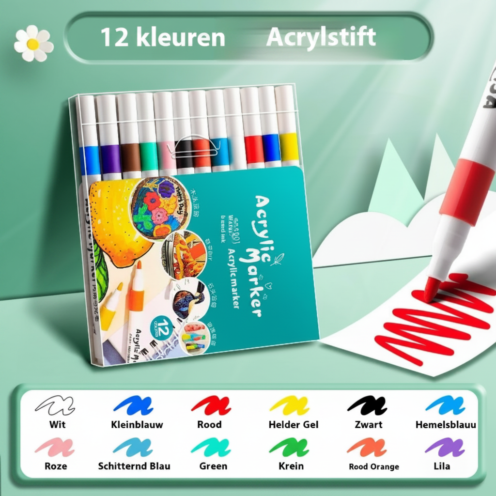 Acryl markeerstiften set met levendige kleuren voor kunst, tekenen en schilderen. Ideaal voor creatieve projecten.