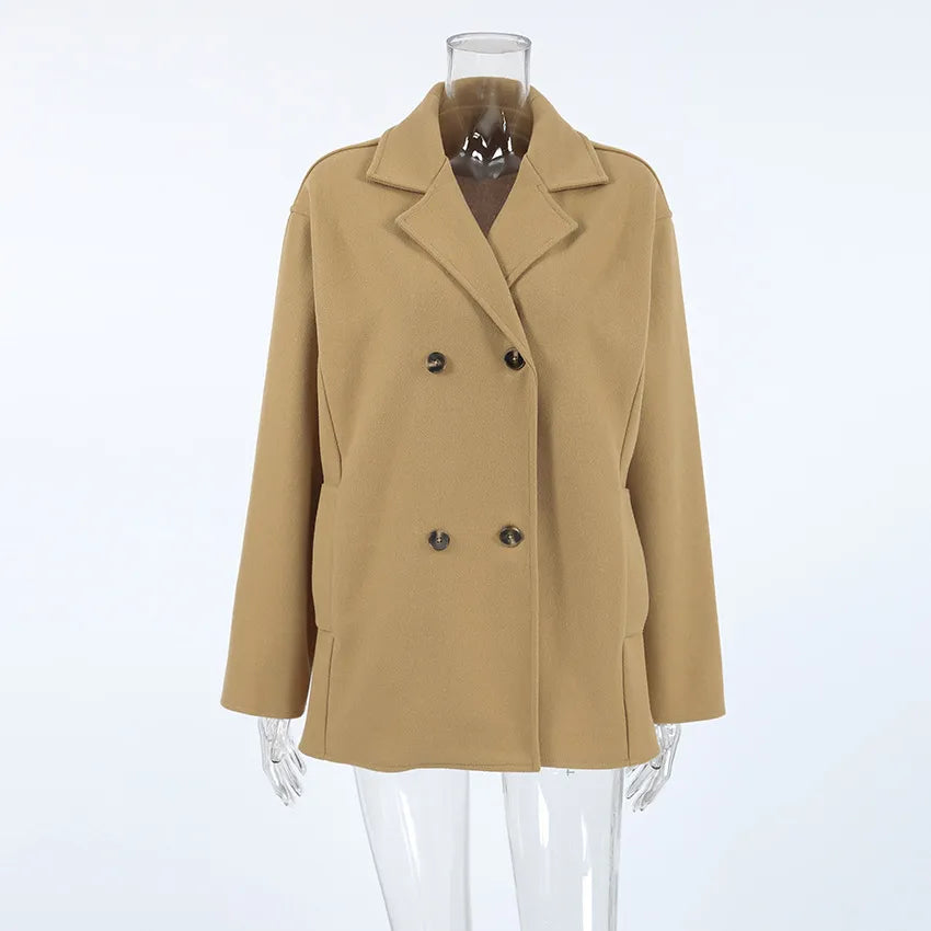 Bruine dames halflange jas, klassiek design met dubbelrij knopen, perfecte herfstjas.