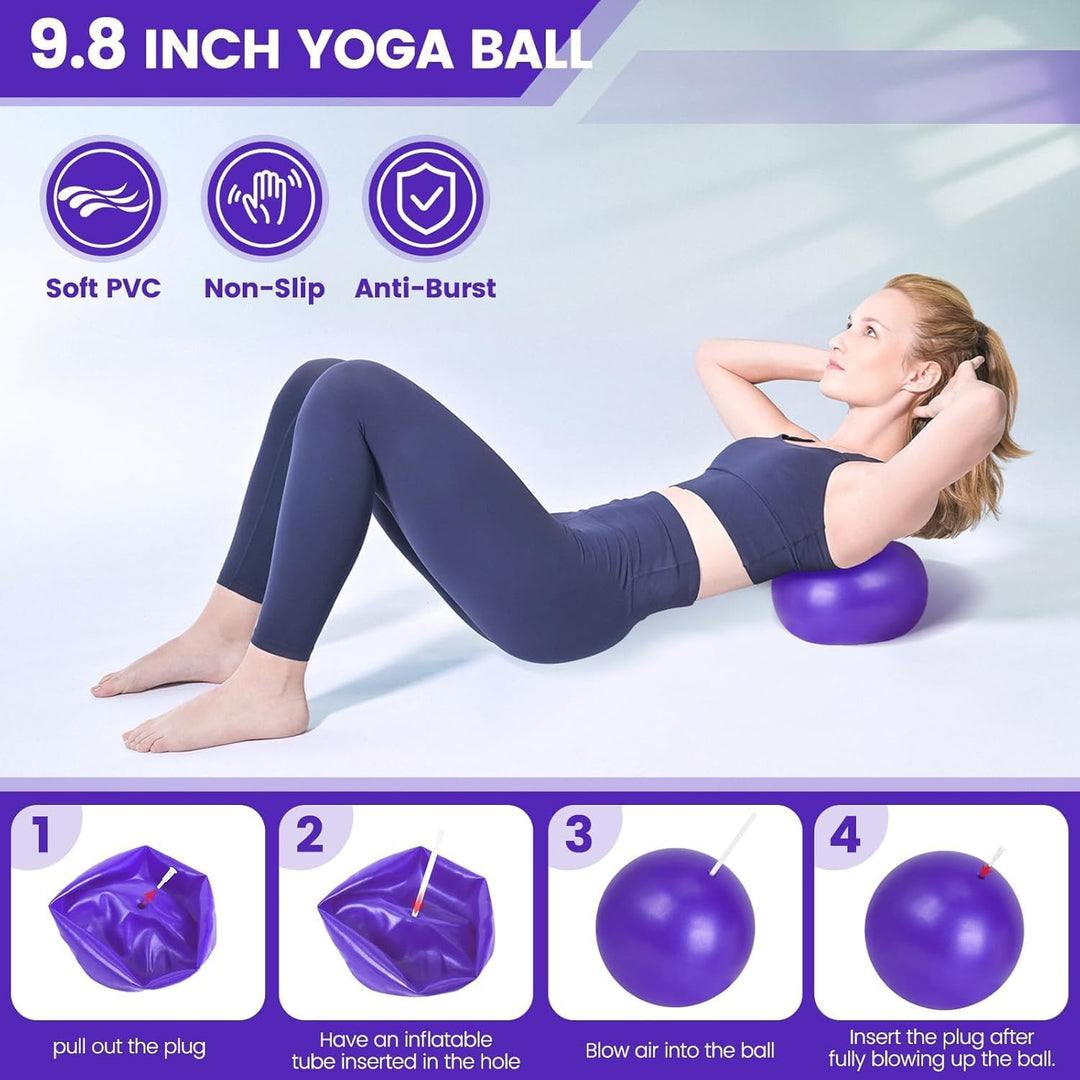 Multifunctionele Pilates set: weerstandsbanden, oefenring, bal & sokken. Ideaal voor thuis fitness en yoga oefeningen.