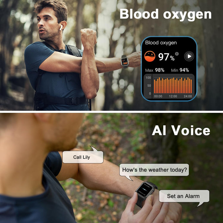 Man draagt grijze militaire smartwatch Wayne, ideaal voor sport, met hartslagmeter en waterdicht.