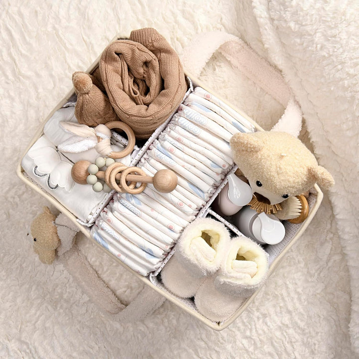 Stijlvolle sherpa caddy als accessoire op de kinderkamer, wit, roze, beige of groen.