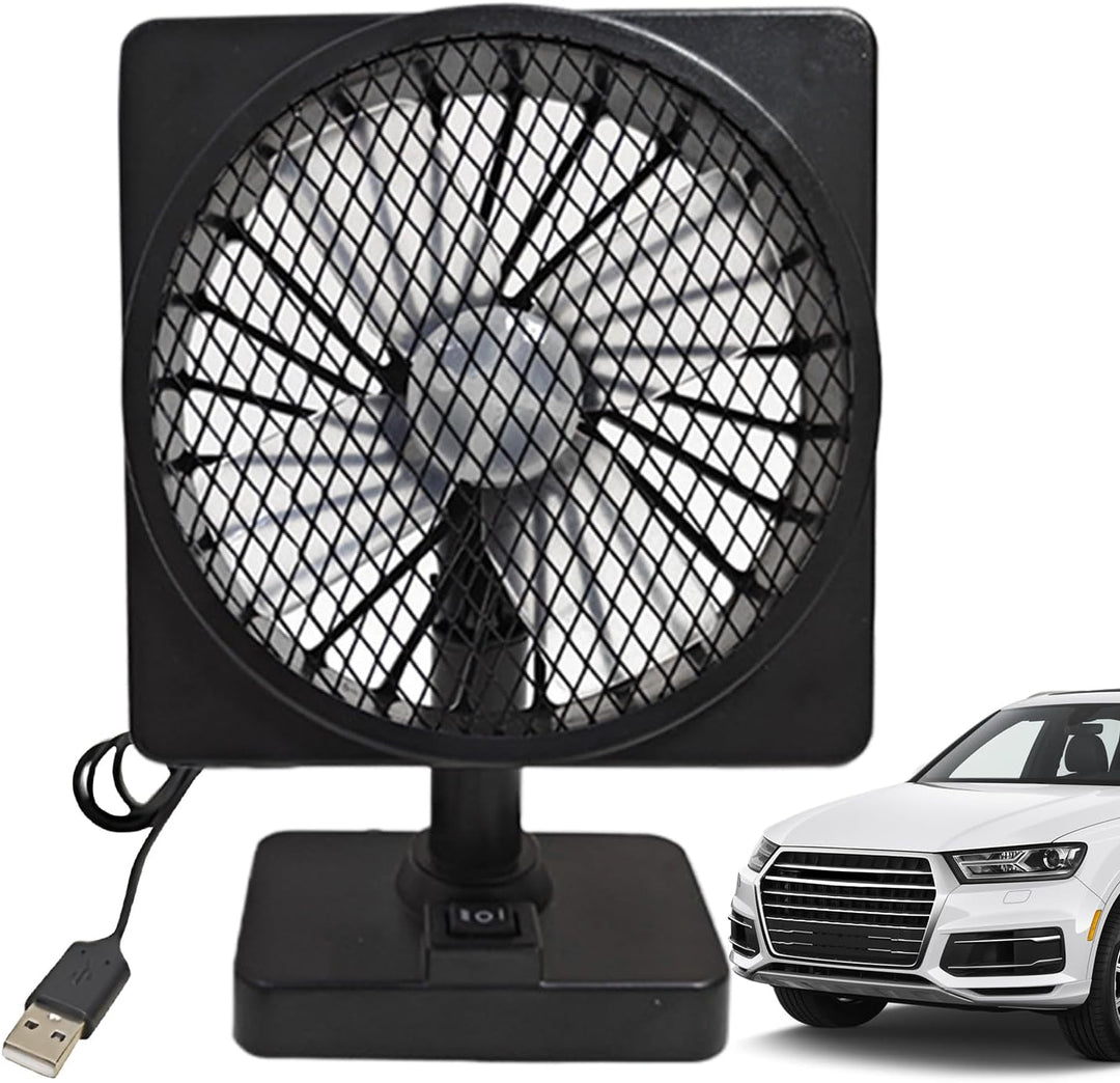 Universele autokoelventilator met USB en 360° rotatie voor frisse lucht in de auto, ideaal voor de zomer.