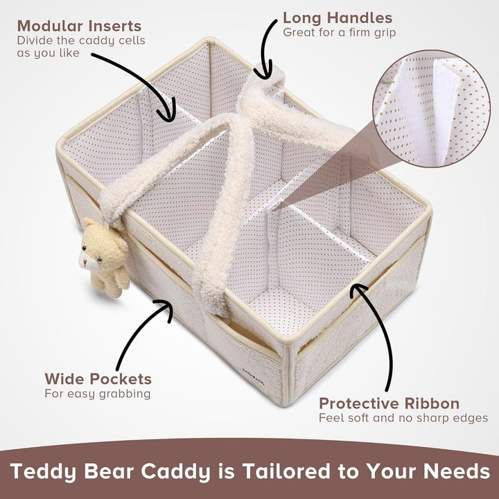 Pluche sherpa caddy, compact en functioneel, ideaal voor reizen met babybenodigdheden.