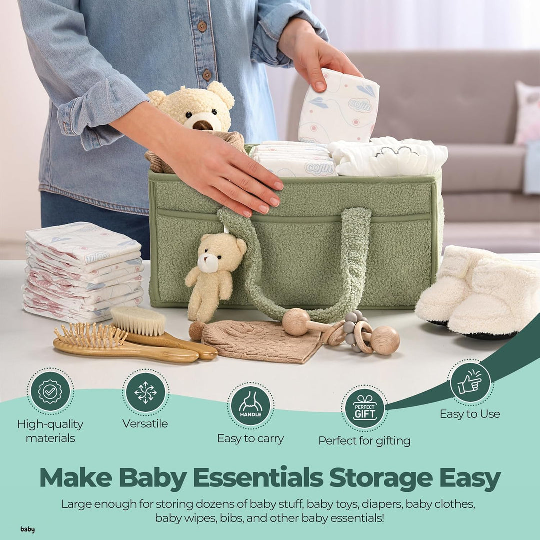 Groene sherpa caddy, pluche opbergmand met compartimenten, ideaal kraamcadeau.
