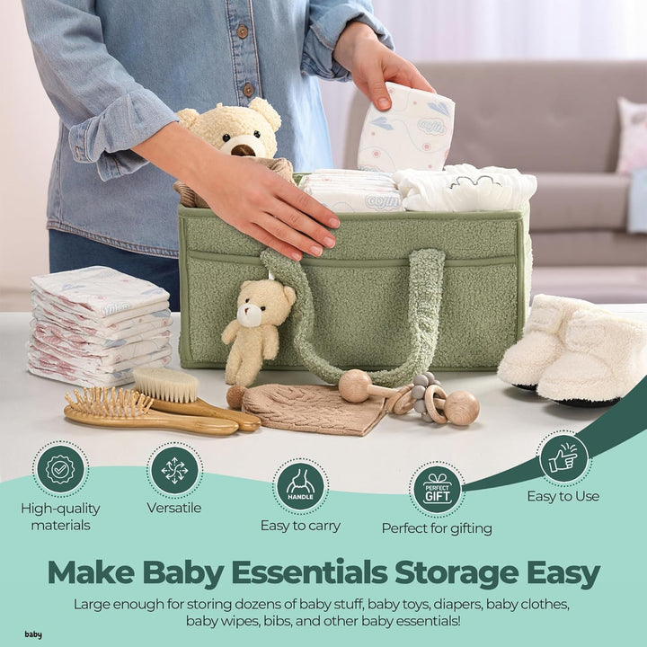 Groene sherpa caddy, pluche opbergmand met compartimenten, ideaal kraamcadeau.
