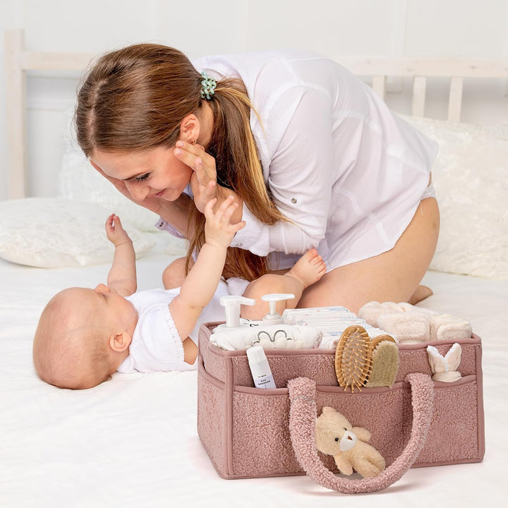 Ruime sherpa organizer, wit, roze, beige of groen, voor al je baby essentials.