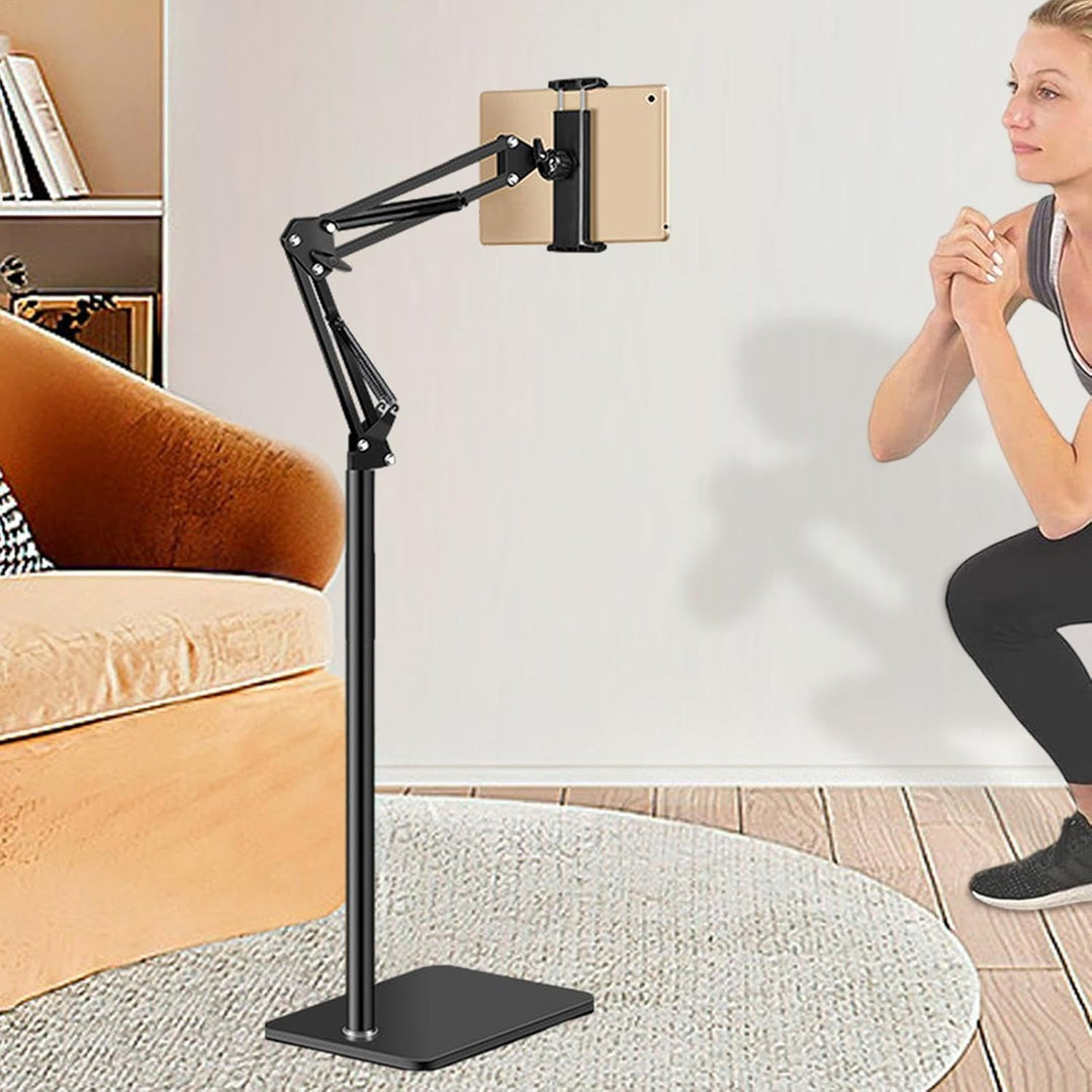 Ergonomische Movira 360° vloerstandaard met telefoon, ideaal voor handsfree kijken en videobellen.
