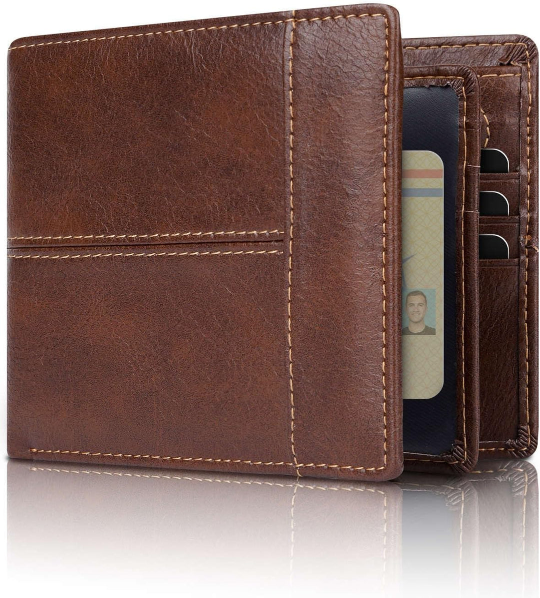 Detail van SlimArmor leren bifold portemonnee, benadrukt de hoogwaardige afwerking en RFID-functie.