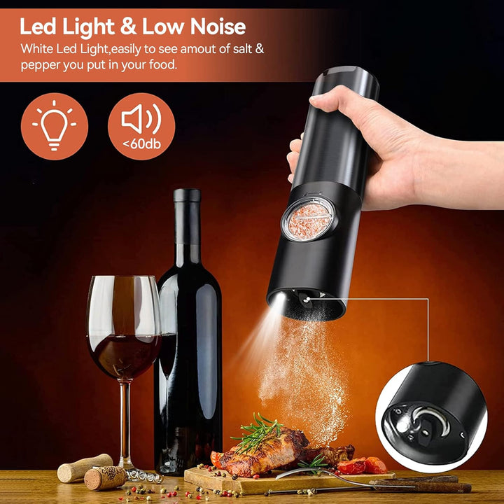 Modern zilveren oplaadbare zout- & pepermolen set, elektrisch en automatisch, perfect cadeau voor keukenliefhebbers.