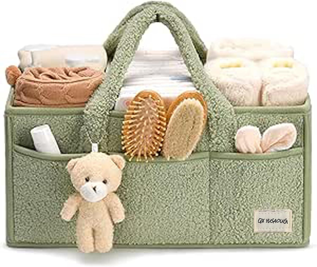 Beige sherpa opbergmand voor baby's, compacte luiertas organizer voor reizen.