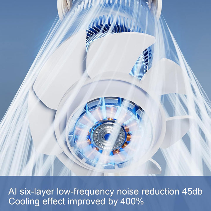 Krachtige draagbare ventilator met LED en 100 instelbare snelheden. Perfect reisaccessoire.