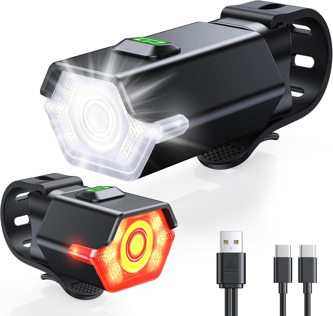 Oplaadbare RoadBeam fietsverlichtingsset met helder LED voor- en achterlicht voor optimale zichtbaarheid.