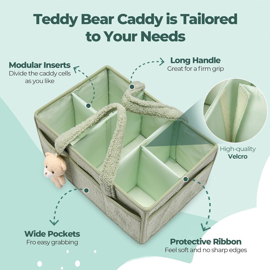 Beige sherpa caddy, zachte opbergmand met compartimenten, ideaal kraamcadeau.