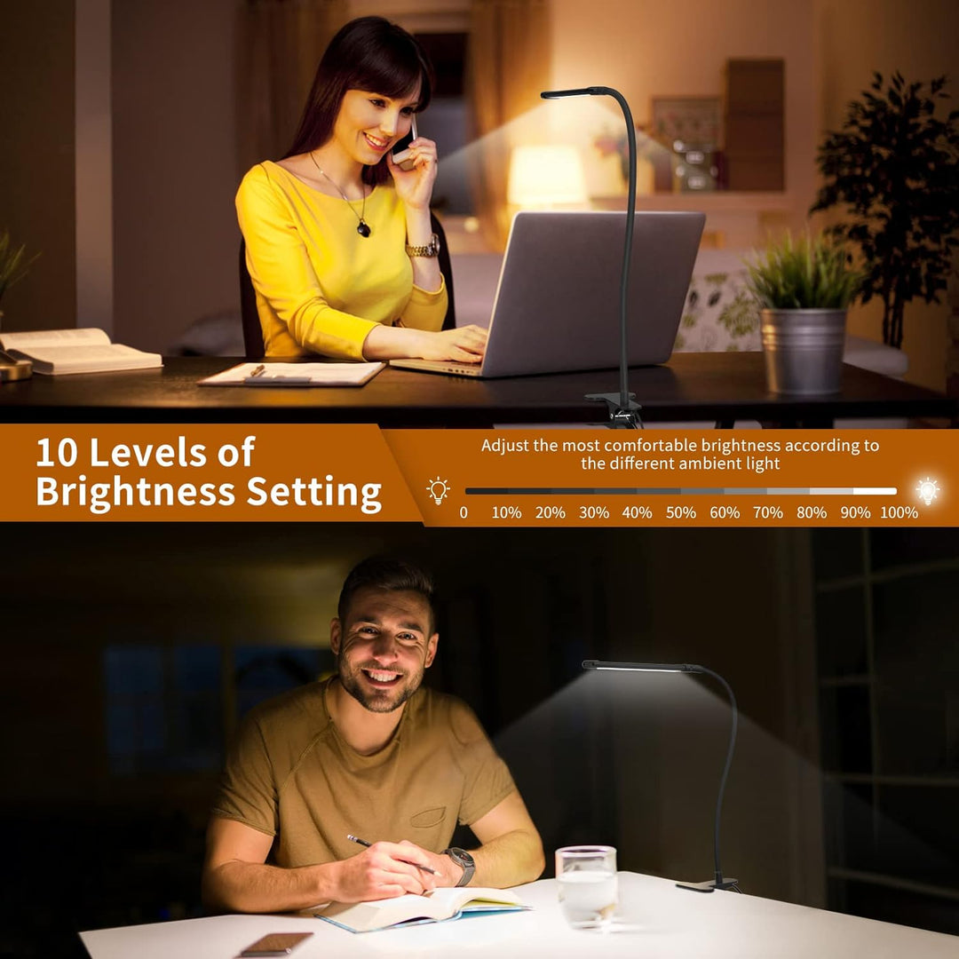 Oogvriendelijke dimbare 77 LED werkplek lamp met flexibele zwanenhals en stevige bureauklem. USB powered.
